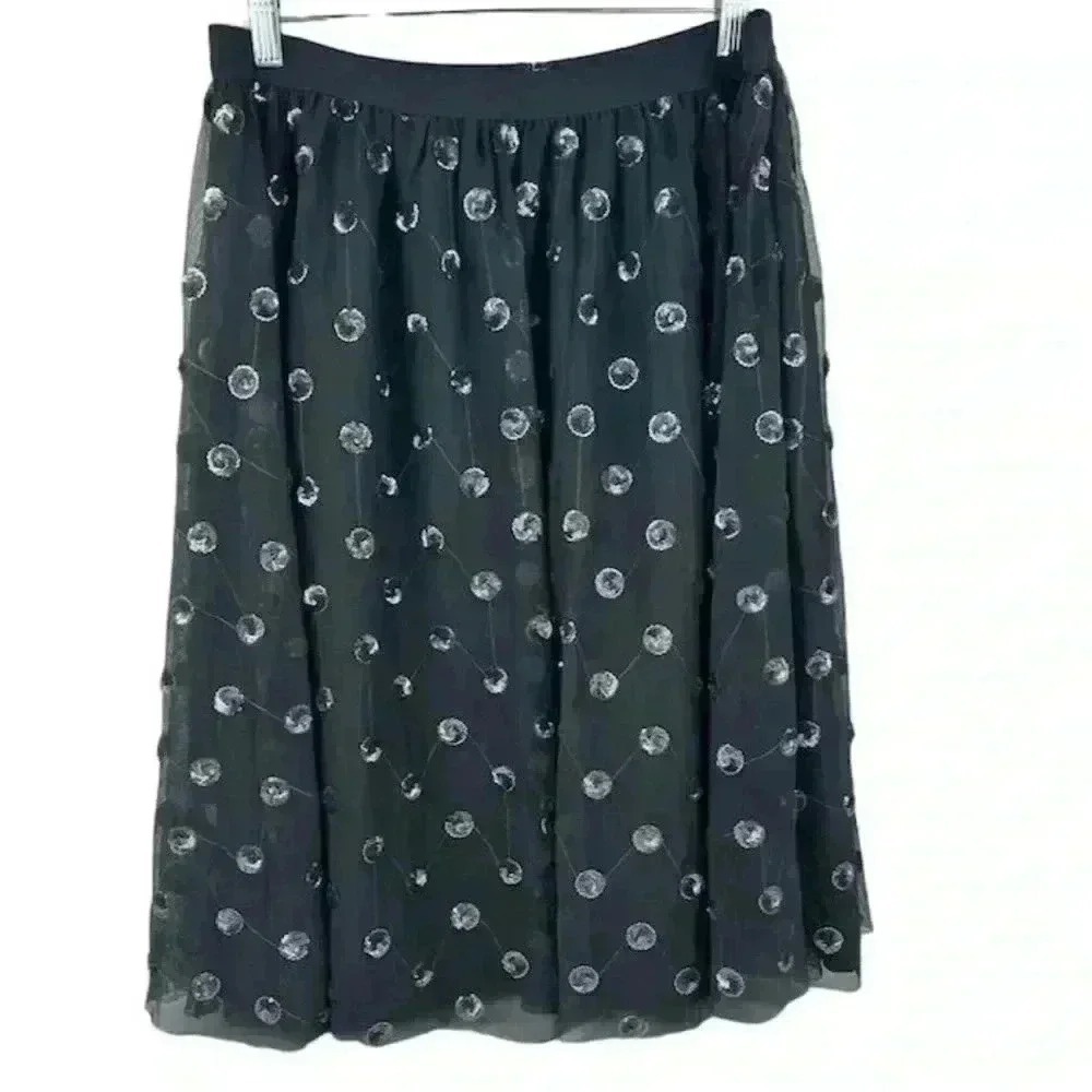 Ann Taylor Sequined Tulle Midi Skirt Black/Gray Silver Size M Party Cocktail